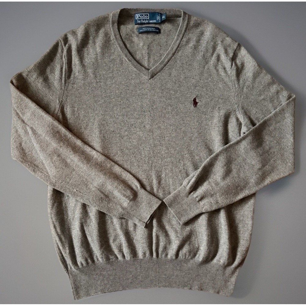 Polo Ralph Lauren Long Sleeve V-Neck Sweater Merino Wool Gray Pony Logo XL JBHS